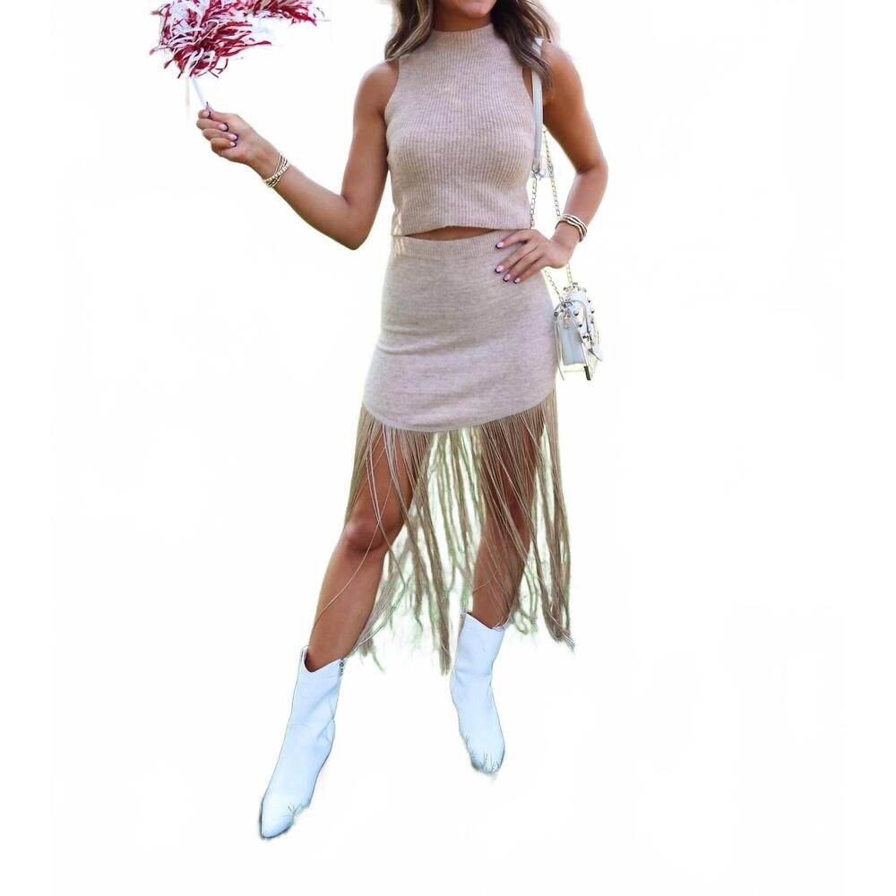 NEW CLOUD TEN fringe knit sweater skirt set in tan